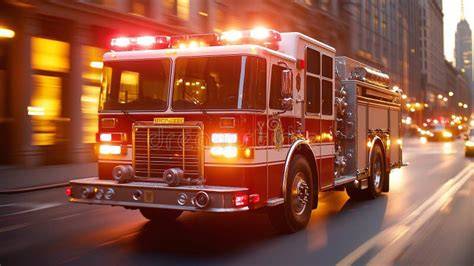Thematic photo of a modern red fire truck with flashing lights on a road
