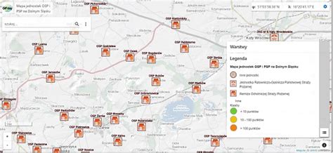 Mapa województwa śląskiego z zaznaczonymi lokalizacjami jednostek straży pożarnej