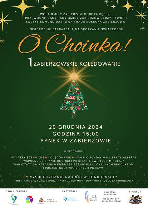 Świąteczne kolędowanie na Rynku w Zabierzowie z rozświetloną choinką i występującymi zespołami