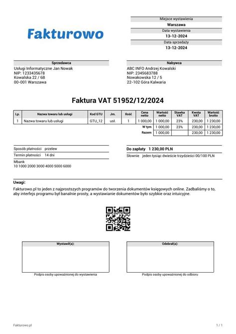 Faktura VAT - przykład wypełnienia