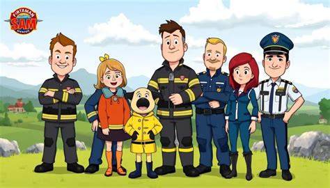 ilustracja przedstawiająca Strażaka Sama, Penny i inne postacie z Pontypandy, w tle sceny akcji ratunkowej lub z zabawy