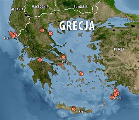 Mapa Grecji z zaznaczonymi obszarami szczególnie narażonymi na pożary