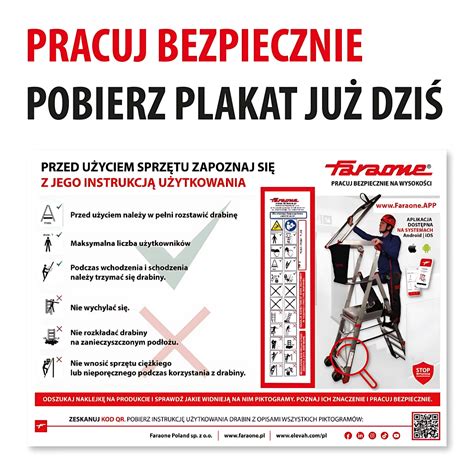 Infografika przedstawiająca prawidłowy kąt ustawienia drabiny strażackiej oraz zasady bezpieczeństwa podczas wchodzenia