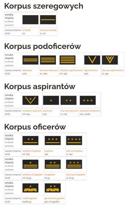 Infografika przedstawiająca stopnie w Państwowej Straży Pożarnej