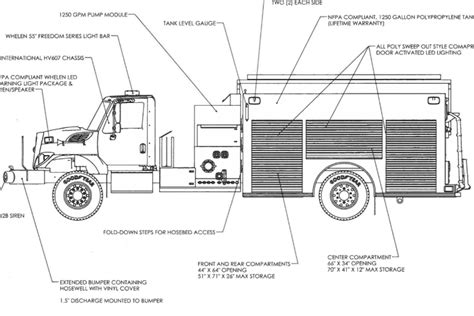 Schematic drawing of a fire truck chassis with main components