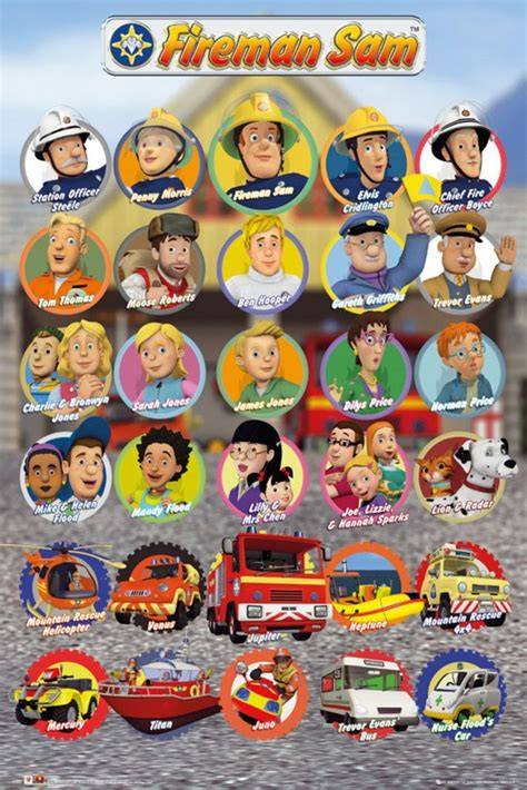 Infographics showing the main characters of Fireman Sam