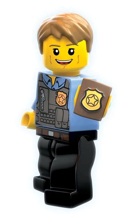 The main character Chase McCain riding a dinosaur through LEGO City, pursued by police cars. An arrow indicates the path marked by green studs.