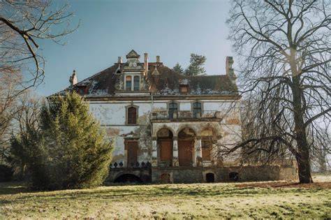 Archiwalne zdjęcie pałacu w Targoszynie przed lub po pożarze, lub współczesne zdjęcie pałacu
