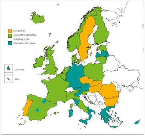 mapa Europy z oznaczeniem krajów, w których szczepienie przeciwko ospie wietrznej jest powszechne, zalecane lub obowiązkowe