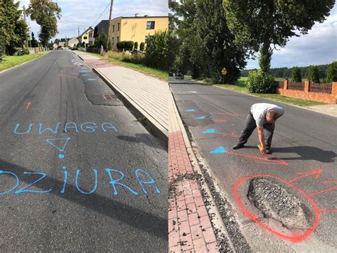 ulica z problematyczną dziurą w jezdni lub graffiti na ścianie budynku