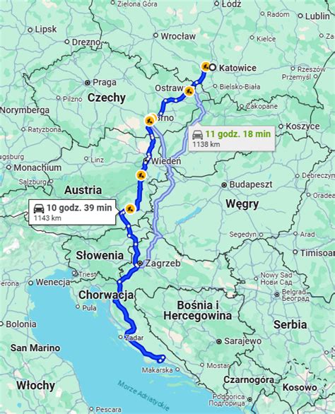 Mapa dojazdu do Osp z Polski, z zaznaczeniem trasy przez Czechy, Austrię i Słowenię