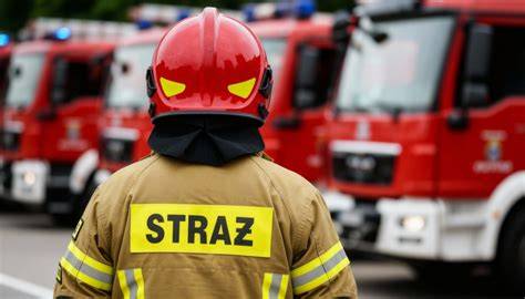 Tematyczne zdjęcie strażaków i dzieci na festynie bezpieczeństwa w Pile