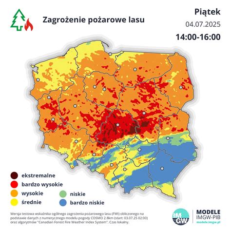 Przykładowa mapa zagrożenia pożarowego z zaznaczonymi stopniami zagrożenia