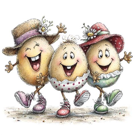 Grafika przedstawiająca stylizowane jajka wielkanocne z elementami strażackimi lub humorystyczną scenkę związaną ze świętami i pracą strażaka.