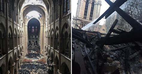 Photo showing the interior damage of Notre Dame after the fire, including the collapsed roof and debris