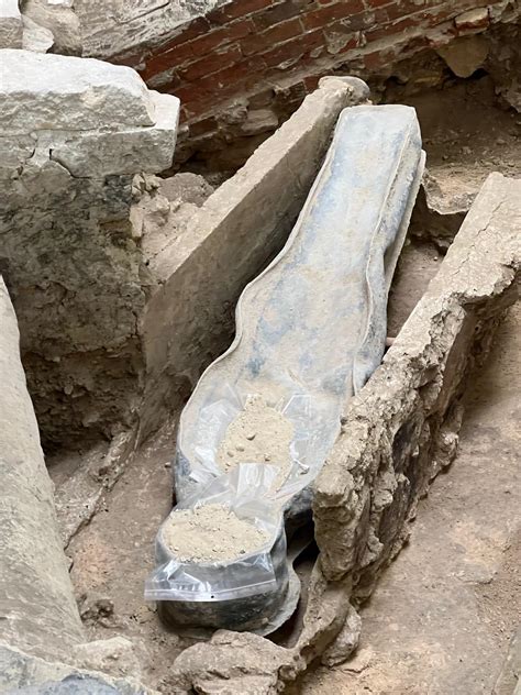 Photo of the excavated lead sarcophagi found under Notre Dame