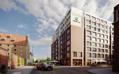 Wizualizacja architektoniczna Chmielna 78 Hotel Gdańsk, ukazująca nowoczesny budynek w zabytkowej scenerii Wyspy Spichrzów.