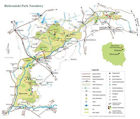 mapa Biebrzańskiego Parku Narodowego z zaznaczonym obszarem pożaru