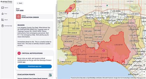 Mapa obszaru Los Angeles z zaznaczonymi ogniskami pożarów i strefami ewakuacji