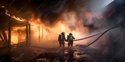 Thematic photo of firefighters in action, extinguishing a fire with hoses