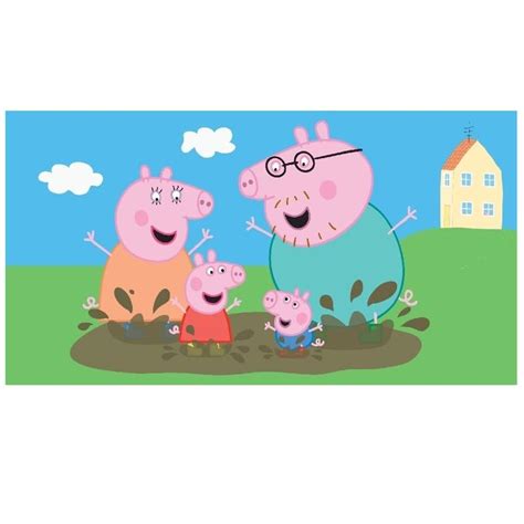 Ilustracja przedstawiająca Świnkę Peppę, George'a i ich rodzinę w otoczeniu kolorowych kredek i papieru