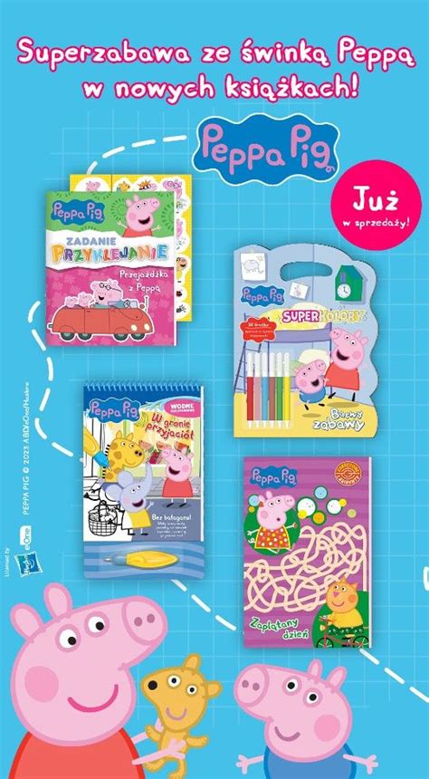 Ilustracja przedstawiająca kilka wydrukowanych kolorowanek ze Świnką Peppą na stole, obok pudełka z kredkami i flamastrami