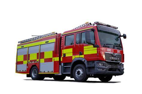 Thematic photo of a modern fire engine with visible white elements (bumpers, fenders)