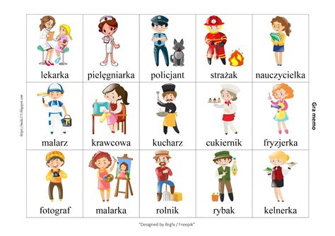 Rysunki dzieci przedstawiające różne zawody, takie jak pielęgniarka, rolnik i strażak