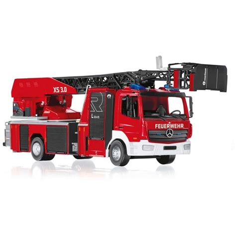 Thematic photo of a detailed toy fire truck model (Mercedes-Benz Atego DL L32A-XS 3.0) from Wiking, scale 1:43, against a neutral background