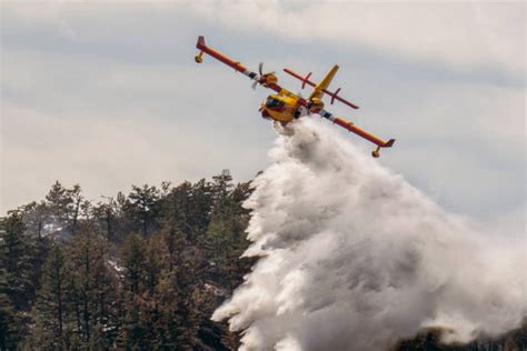 Aerial photo of a forest fire with a Dromader plane making a water drop.