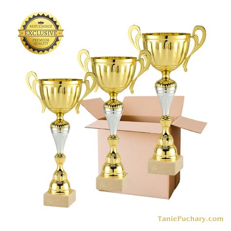 Zdjęcie przedstawiające zestaw pucharów strażackich o różnej wielkości i z różnymi motywami, gotowych do wręczenia.