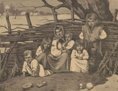 Rycina przedstawiająca scenę z życia chłopów w XIX wieku, pracę na roli lub zbieranie drewna.
