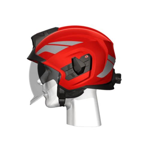 Ilustracja hełmu strażackiego Rosenbauer HEROS Titan z widocznymi elementami konstrukcyjnymi i opcjami wyposażenia.