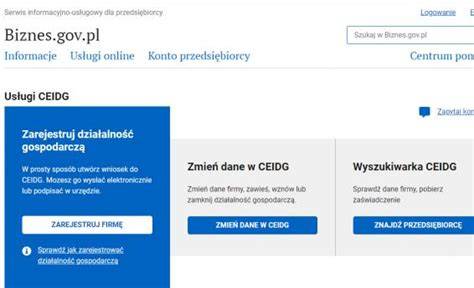 Zrzut ekranu wyszukiwarki CEIDG z polami do wpisywania danych