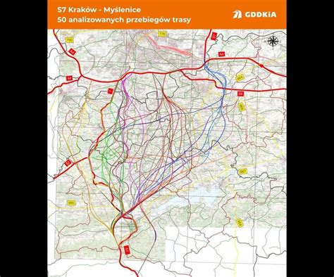 Mapa planowanego przebiegu trasy S7 w okolicach Myślenic