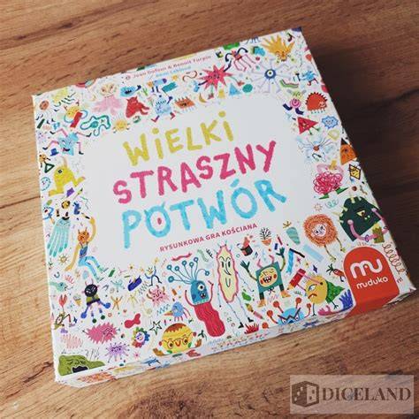 Dziecko rysujące potwora na arkuszu z gry Wielki Straszny Potwór, obok leżą kości i żetony.