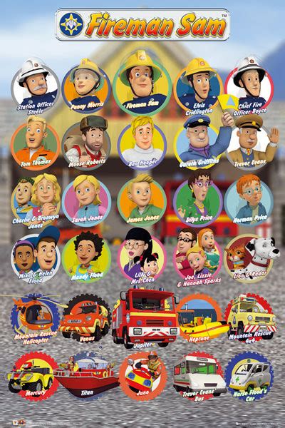 Infographics showing main characters of Fireman Sam and their vehicles
