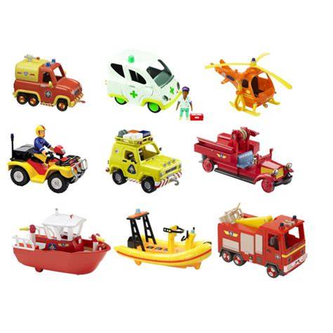 Infographic of various Fireman Sam toys: figures, vehicles (Jupiter, Neptun, Tom's helicopter)