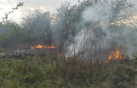 Zdjęcie przedstawiające pożar traw na Górkach Czechowskich w Lublinie, dym unoszący się nad terenem.
