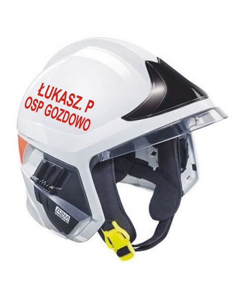 Przykład personalizowanej naklejki na kask strażacki z imieniem i grupą krwi