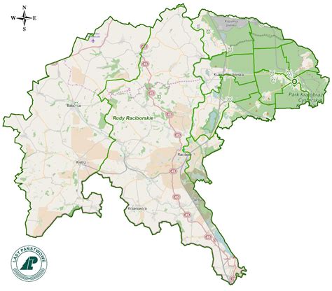 Mapa obszaru Nadleśnictwa Rudy Raciborskie z zaznaczonym obszarem pożaru z 1992 roku
