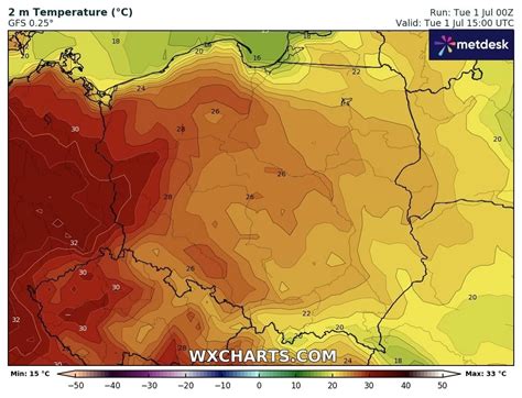 Mapa z prognozą wysokich temperatur w regionie Wielkopolski
