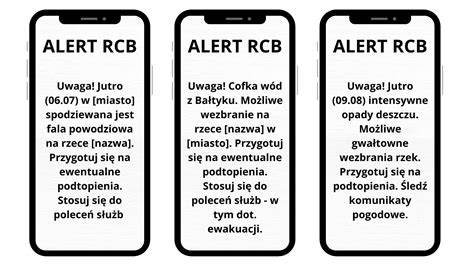 Wizualizacja wiadomości SMS Alert RCB z przykładowym ostrzeżeniem