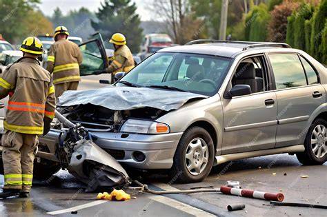 Photo of a car accident scene with firefighters