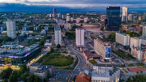 Osoby szukające pracy, w tle panorama Katowic