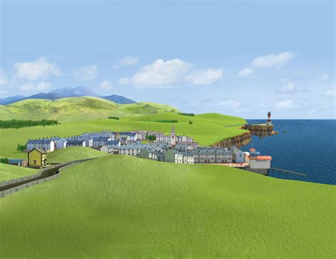 The cartoon character Fireman Sam with the village Pontypandy in the background
