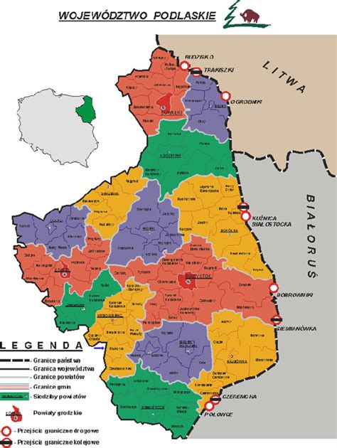 Mapa województwa podlaskiego z zaznaczonymi punktami najczęstszych interwencji straży pożarnej (pożary traw i budynków)