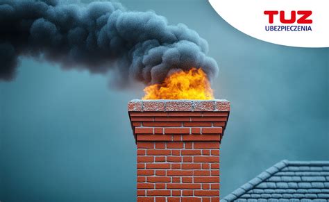 ilustracja płonącej sadzy w kominie lub dachu z widocznymi strażakami w akcji