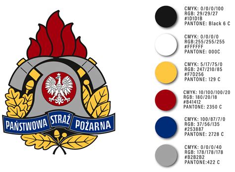 Kompilacja różnych historycznych i współczesnych emblematów Państwowej Straży Pożarnej, ukazująca ewolucję symboliki.