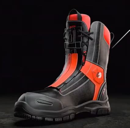 Zdjęcie przedstawiające różnego rodzaju buty strażackie w różnych rozmiarach, w tle logo OLX